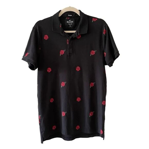 MEN’s HOLLISTER BLACK RED ROSE POLO SHIRT SIZE MEDIUM - Picture 1 of 6